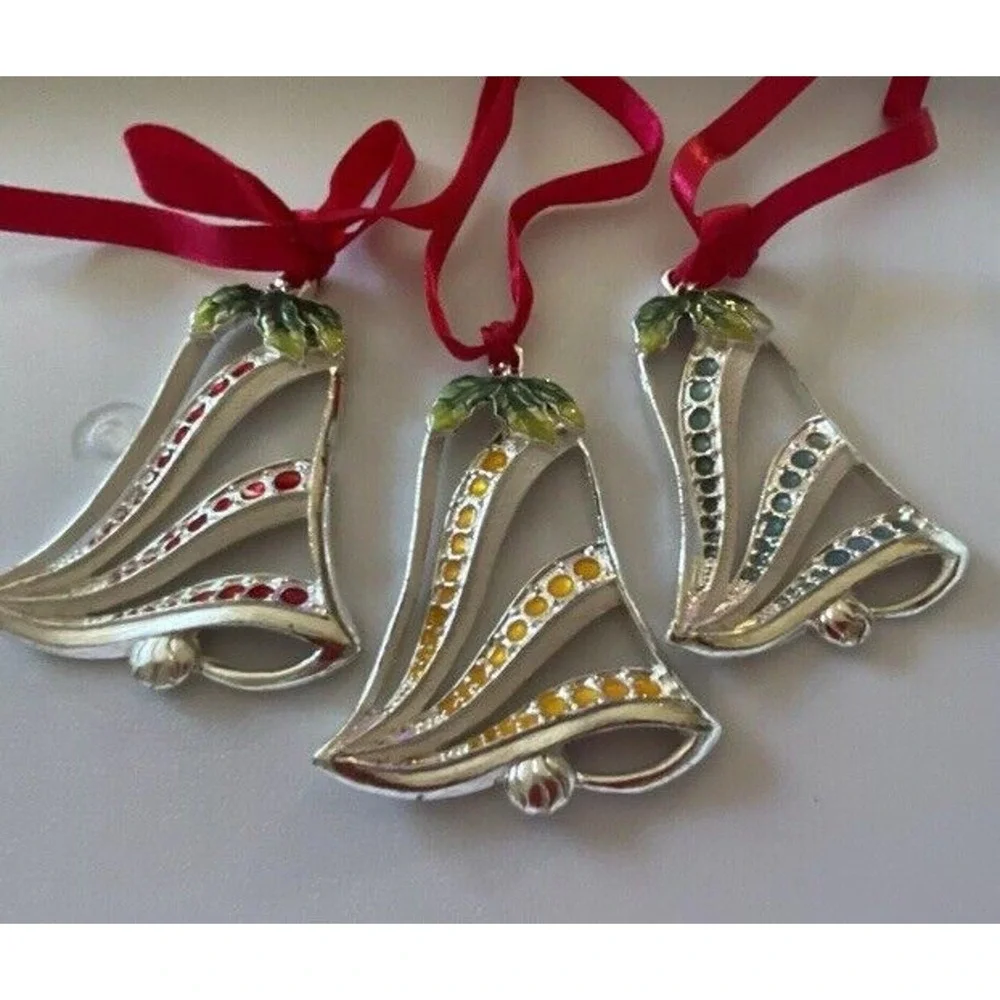 Gorham Silver Bells Red‎ Blue Yellow Christmas Ornaments -All three